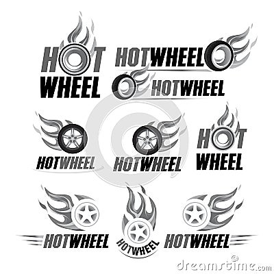 Hot wheel, Racing flat labels set. Blaze and flash logo, emblem, auto transport, flame tire, isolated illustrations. Cartoon Illustration