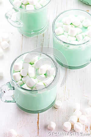 Hot white mint chocolate with marshmallows, white background. Holidey drink Stock Photo