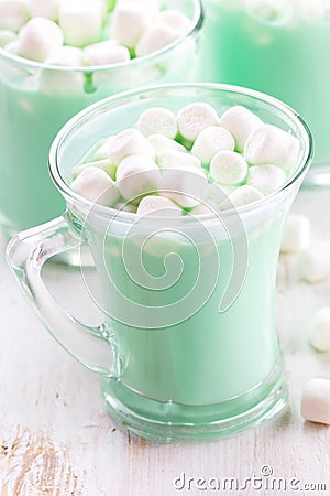 Hot white mint chocolate with marshmallows, white background. Holidey drink Stock Photo