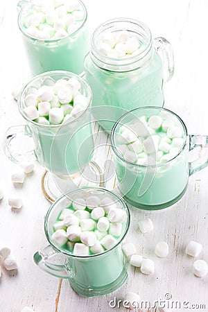 Hot white mint chocolate with marshmallows, white background. Holidey drink Stock Photo