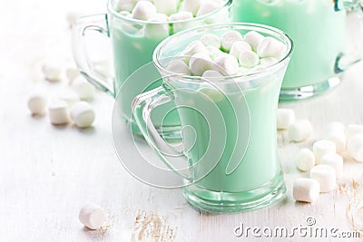 Hot white mint chocolate with marshmallows, white background. Holidey drink Stock Photo