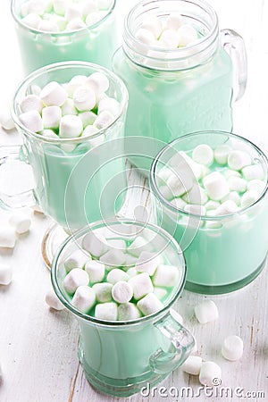 Hot white mint chocolate with marshmallows, white background. Holidey drink Stock Photo