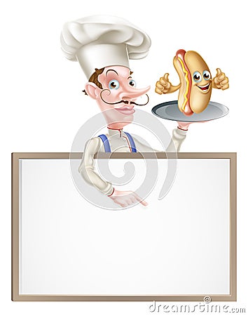 Hotdog Cartoon Chef Signboard Vector Illustration