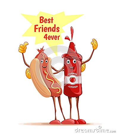 Hotdog and Ketchup cuddling. Best friends forever Vector Illustration