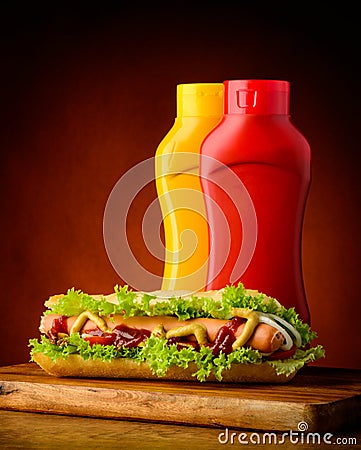 Hotdog with ketchup and mustard Stock Photo
