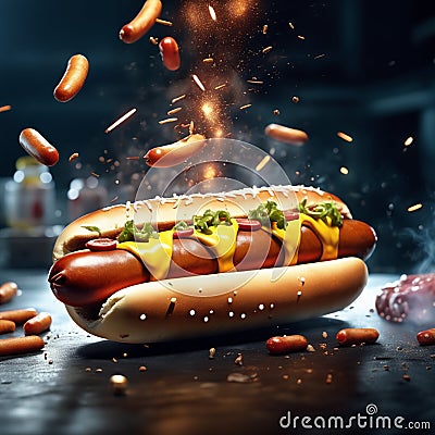 hotdog with ketchup mustard, classic American combination. Cinematic ads Stock Photo