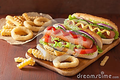 Hotdog with ketchup mustard vegetables and french fries Stock Photo