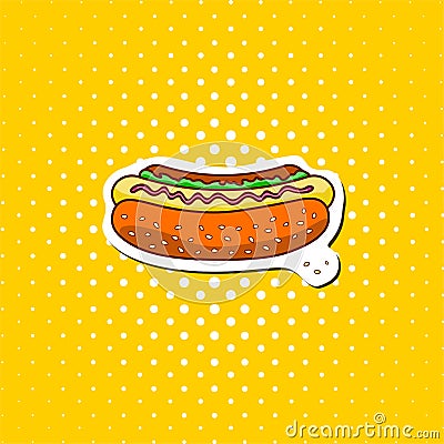 Classic colored hot dog on a yellow pop background.Fastfood meal. Cartoon Illustration