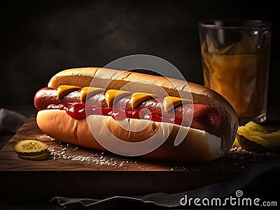 Hotdog sandwich with ketchup and mustard, tomato sauce Stock Photo