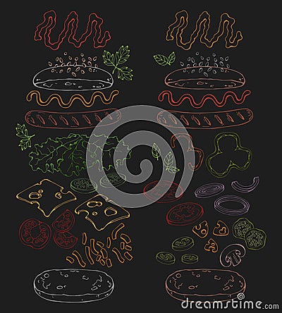 Hotdogs chalk board effect Vector Illustration