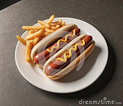 Hotdogs and fries on white plate with copy space Stock Photo