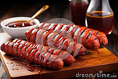 hotdogs with grill marks beside a bottle of bbq sauce Stock Photo
