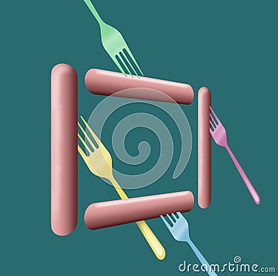 Hotdogs are the topic of this colorful image of hotdogs, buns and plastic picnic forks. Cartoon Illustration