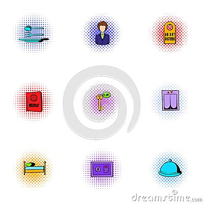 Hotel accommodation icons set, pop-art style Vector Illustration