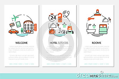 Hotel Accomodation Business Brochure Template with Thin Line Icons Vector Illustration