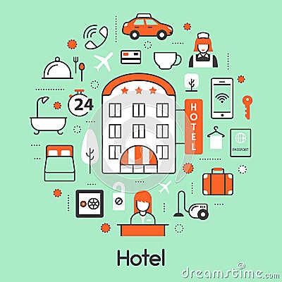 Hotel Accomodation Thin Line Icons Set with Reception and Services Vector Illustration