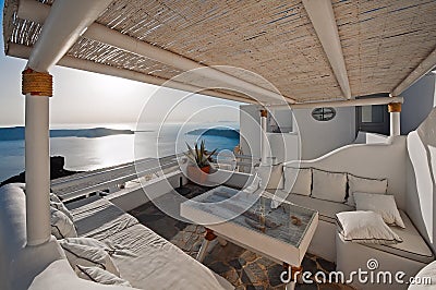 The hotel balcony with caldera view at sunset in Imerovigli of Santorini, Greece Stock Photo