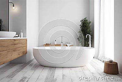 white architecture modern wood bathtub luxury beautiful home house bathroom interior. Generative AI. Stock Photo