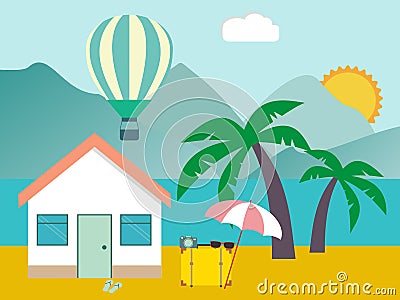 Hotel on the beach. Resort on the Sea. Tropical mountains landscape with hotel on the beach, umbrella, palm trees, palm trees Vector Illustration