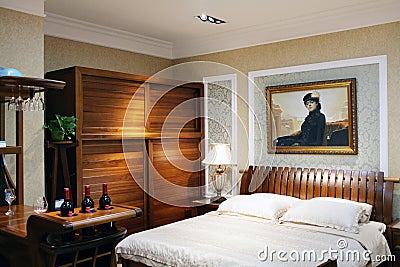 Hotel bedroom interior with double bed Editorial Stock Photo