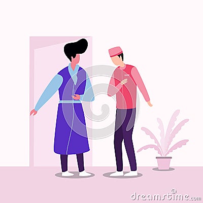 Hotel Bell boy and customer illustration concept, Hotel Bell boy having order from customer, Room service waiter serving food in h Cartoon Illustration