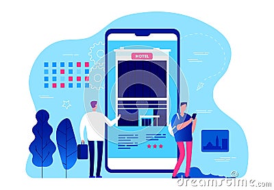 Hotel booking app. Vector tiny people are booking hotel rooms with smartphone. Business trip, vacation planning Vector Illustration