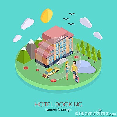 Hotel booking 3d isometric design concept Vector Illustration