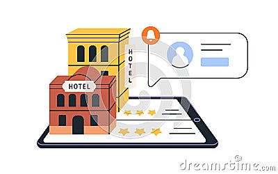 Hotel booking, hostel room choosing, travel apartment, accommodation search online, concept. Feedback, review, rank Vector Illustration