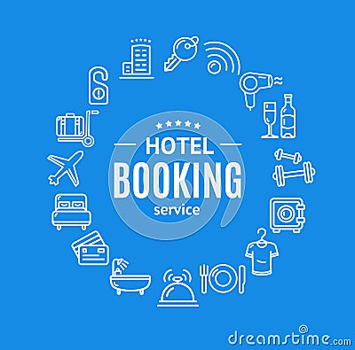 Hotel Booking Round Design Template Line Icon Concept. Vector Vector Illustration