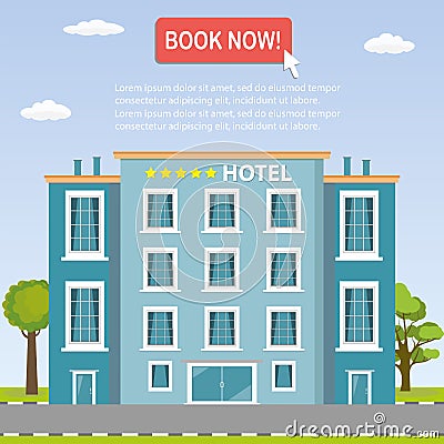 Hotel building,arrow and button-book now Vector Illustration