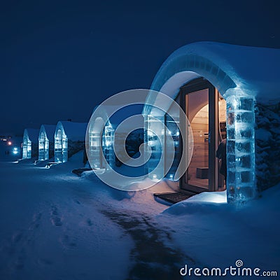 Hotel built with ice rocks in snowing night. Snow igloos made like hotels. Cartoon Illustration