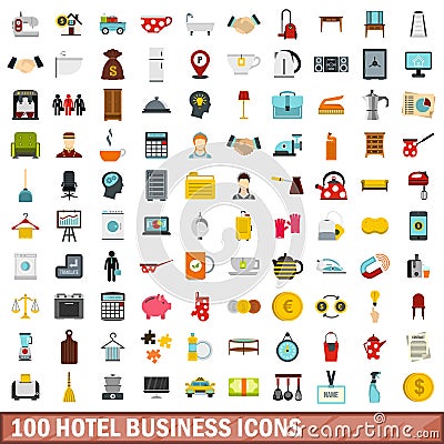 100 hotel business icons set, flat style Vector Illustration