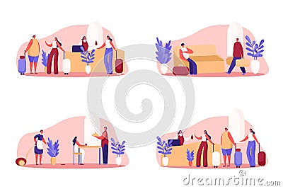 Hotel business, luxurious guesthouse, visitors with baggage check in, queue at reception, room service, cleaning and Vector Illustration