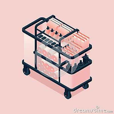 Hotel cart with towels and bottles isometric. 3d illustration good for housekeeping room service Cartoon Illustration