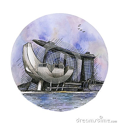 The Hotel Casino Marina Bay Sands Singapore hand drawing watercolor isolated Stock Photo