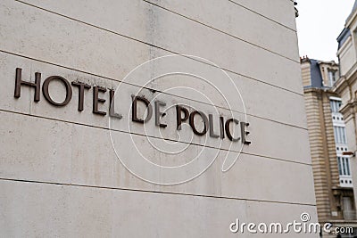 Hotel de Police french text means headquarters central police station in France Signpost indicating building in street Editorial Stock Photo