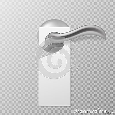 Hotel door handle. White blank plastic hanger hangs on door, empty tag no disturb, knob with hanger mockup, hotel Vector Illustration