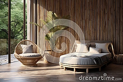 Hotel in eco tropical style with bedroom, terrace, armchairs, window surrounded by natural beauty. Generative AI Stock Photo