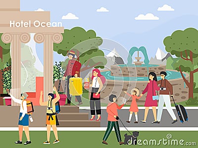 Hotel entrance with porter carrying luggage, tourists walking with suitcases, backpacks. Hospitality industry, vector. Vector Illustration