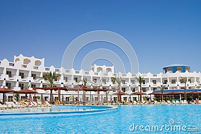 Hotel facade With pool Stock Photo