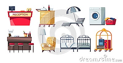 Hotel furniture reception and bar room and laundry pool zone Vector Illustration