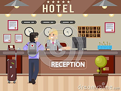 Hotel girl receptionist answers questions traveler guest reception desk flay design vector illustration Vector Illustration