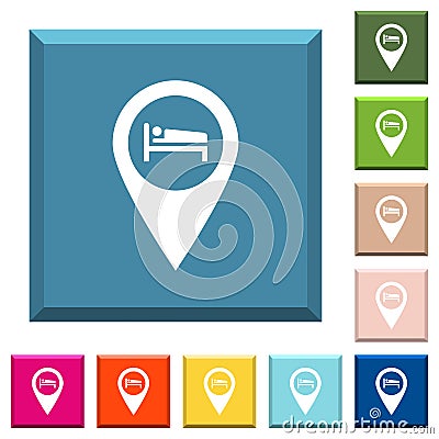 Hotel GPS map location white icons on edged square buttons Stock Photo