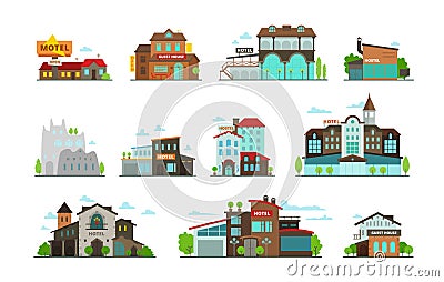 Hotel guest house hostel set of different buildings Vector Illustration