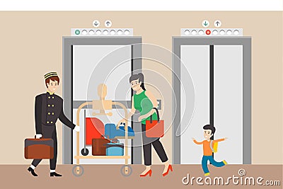 Hotel hall with elevator. Vector Illustration