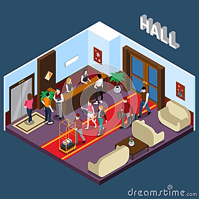 Hotel Hall Isometric Illustration Vector Illustration