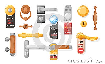 Hotel handle door room set. Door knobs with Do Not Disturb Sign. Doorknob handle to lock doors at home ofiice hotel Vector Illustration