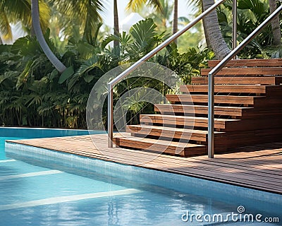 The hotel has a swimming pool with str and wooden deck. Stock Photo