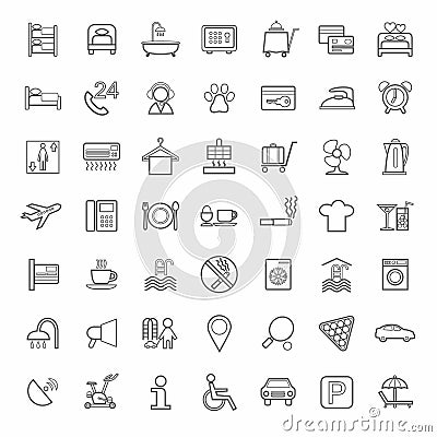 Hotel, hotel services, monochrome linear icons, white background. Vector Illustration