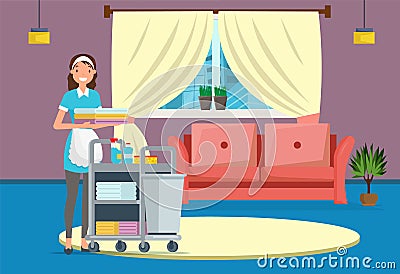 Hotel or House Cleaning Service, Maid in Room. Vector Illustration